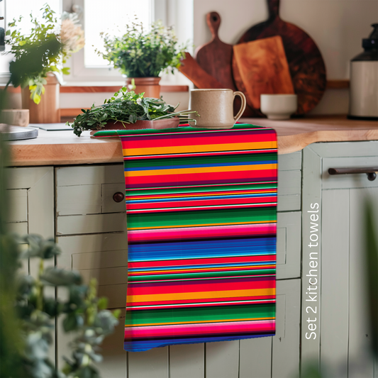 Mexican Serape Kitchen Towels – Set of 2 Colorful Cotton Tea Towels – Vibrant Fiesta Stripes for Rustic & Modern Kitchen Decor