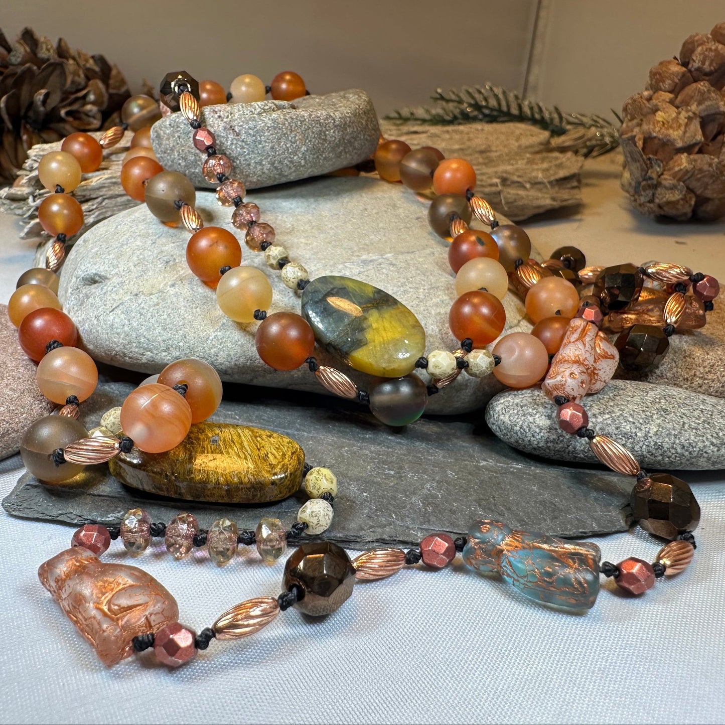 Copper Autumn Cat Long Necklace