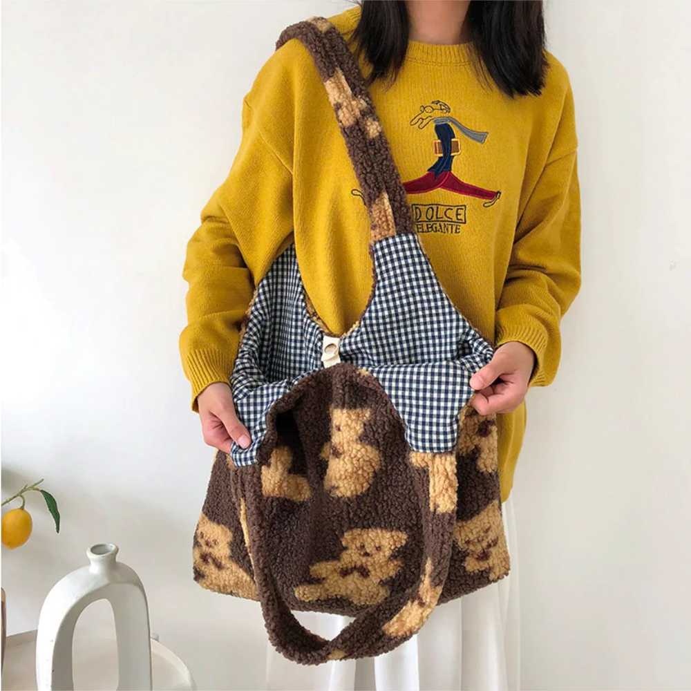 Teddy Bear Tote Bag - Fuzzy Plush Shoulder Bag –