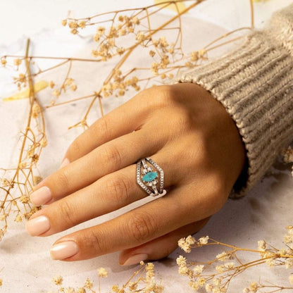 Ocean's Embrace Ring – Sterling Silver, Turquoise & Zircon –