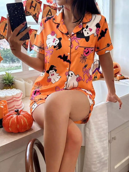 Halloween Ghost Print Lounge Set – Button-Down Top & Shorts