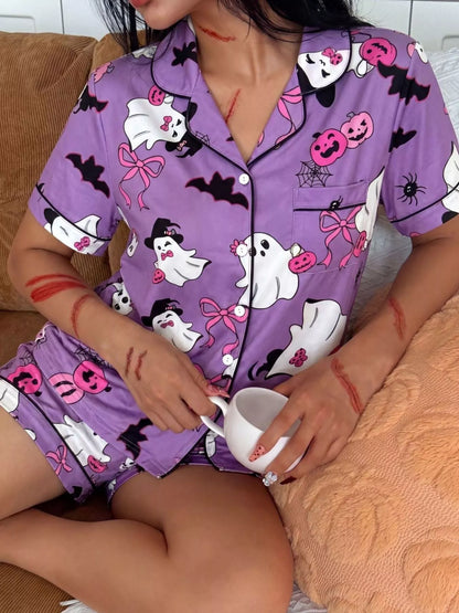 Halloween Ghost Print Lounge Set – Button-Down Top & Shorts