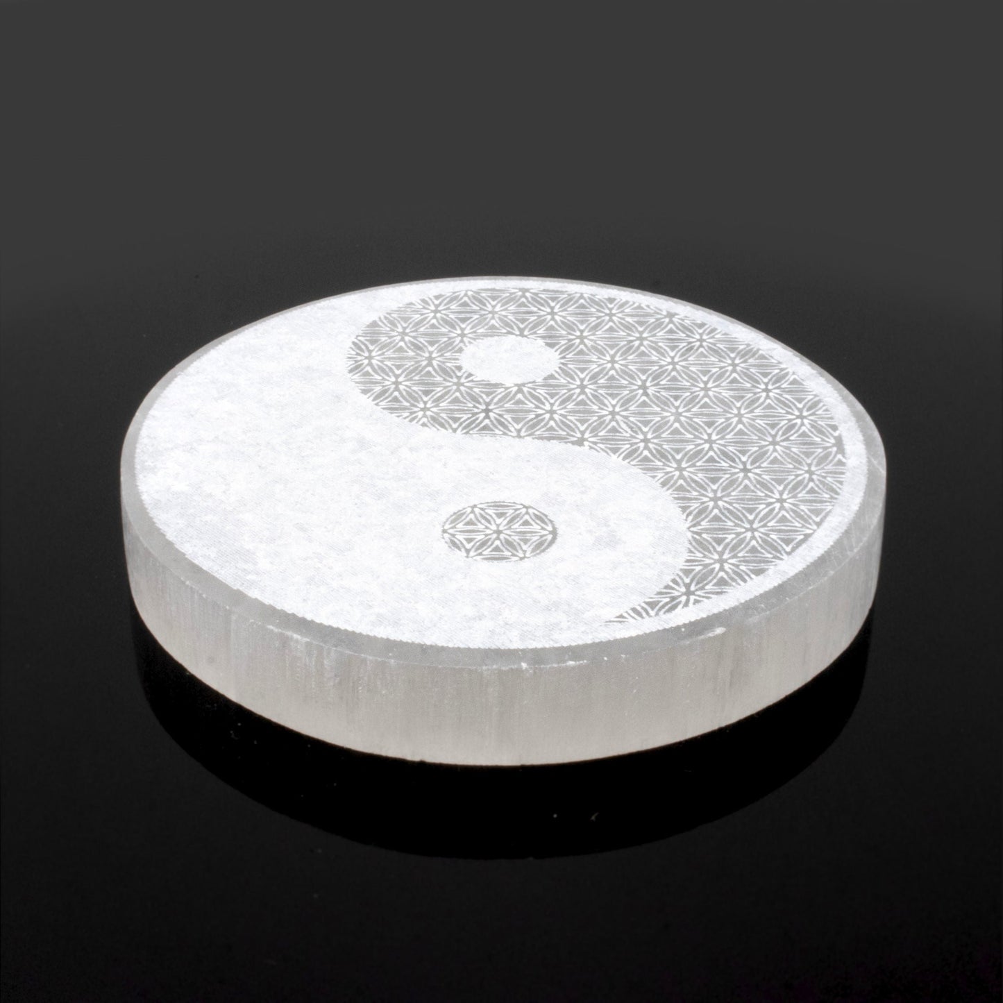 Selenite Disc - Engraved Yin Yang (Morocco) - Sacred Geometry - Sustainably Harvested –