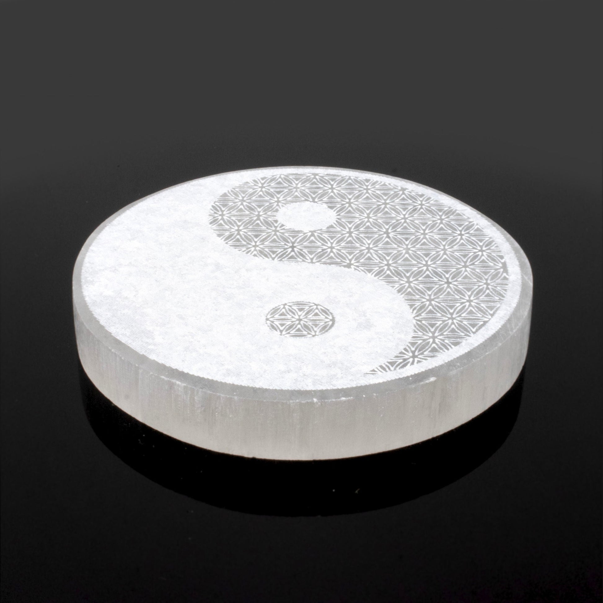 Selenite Disc - Engraved Yin Yang (Morocco) - Sacred Geometry - Sustainably Harvested –