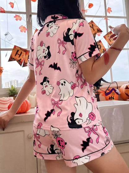 Halloween Ghost Print Lounge Set – Button-Down Top & Shorts