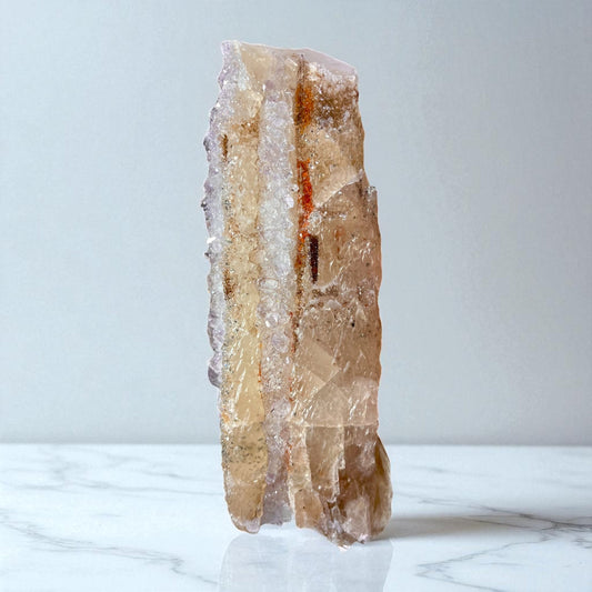 Calcite with Quartz Druse, Amethyst & Orange Iron-Oxide Veins –