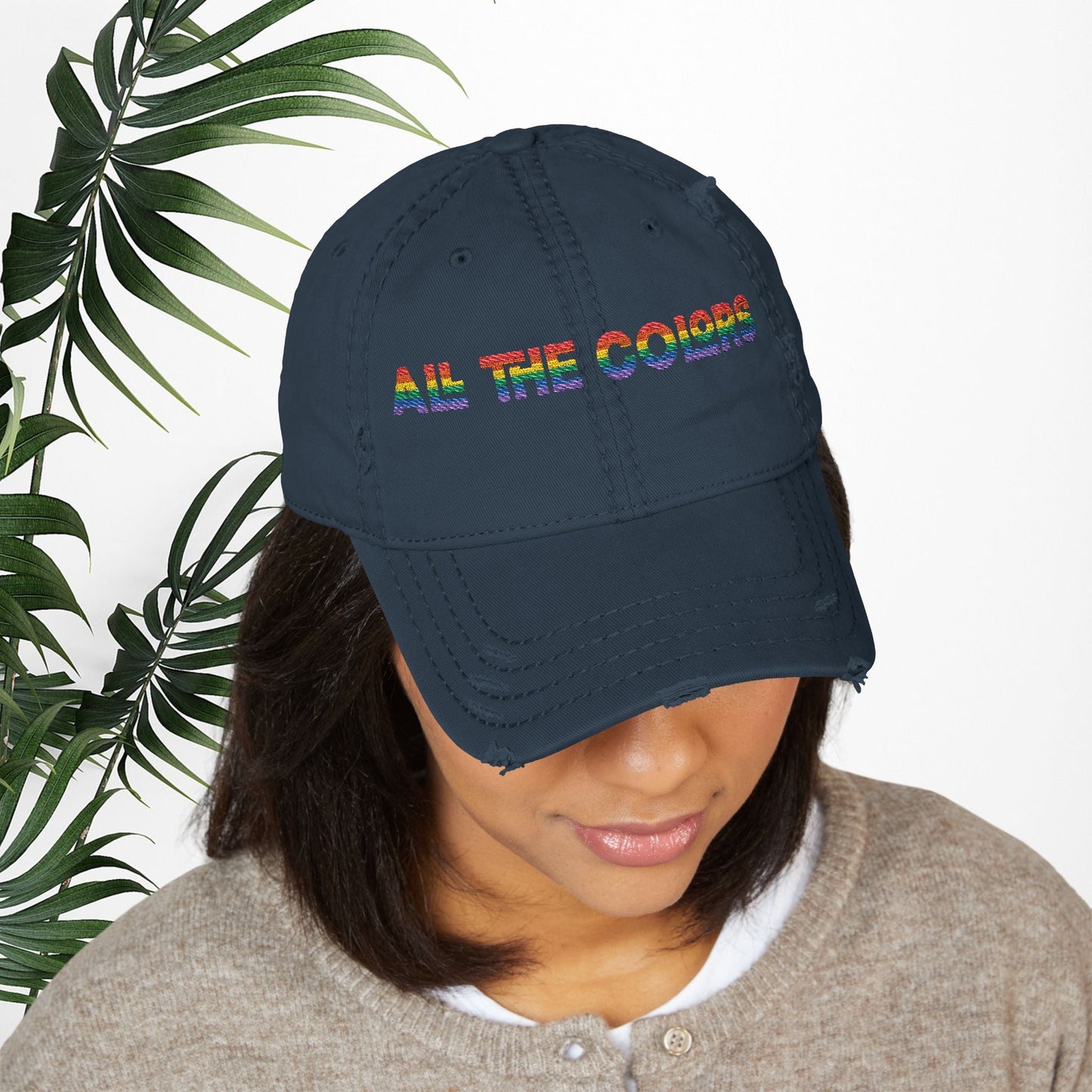 Bespattered Facade "All the Colors" Rainbow Embroidered Distressed Dad Hat
