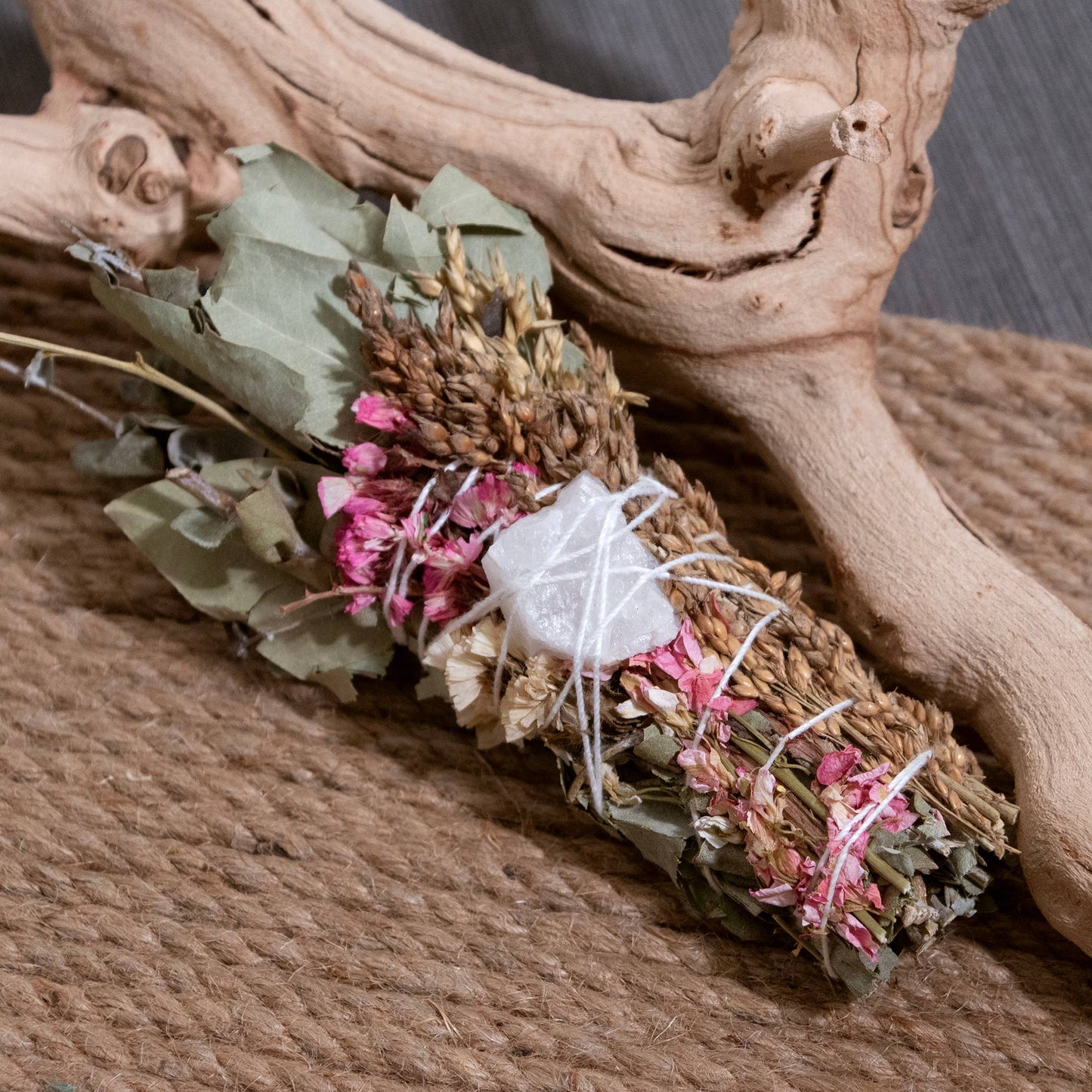 Floral Smudge Wand with Quartz Crystal Pink
