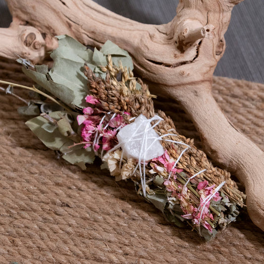 Floral Smudge Wand with Quartz Crystal Pink