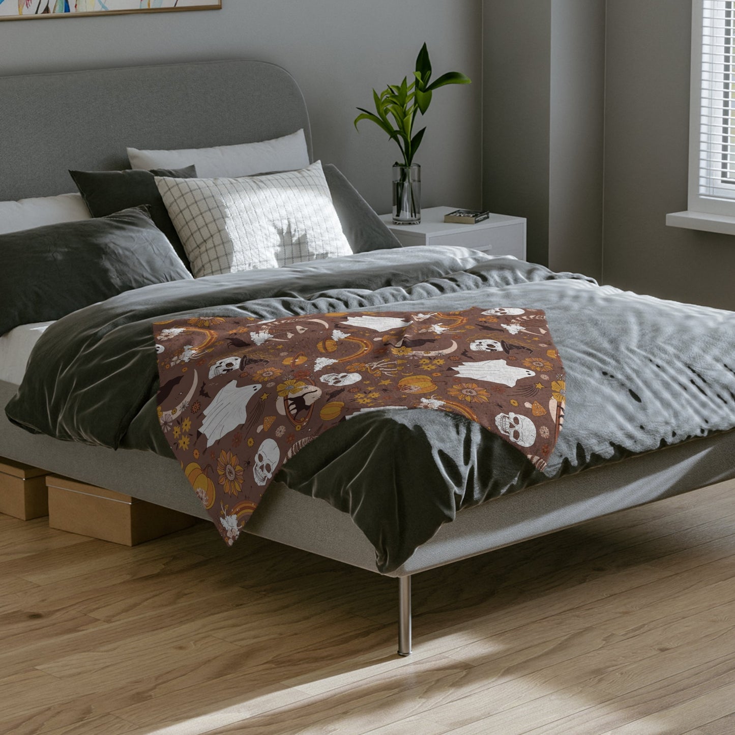 Boho Halloween Blanket for spooky season. Printed blanket with boho vibes and spooky vibes.