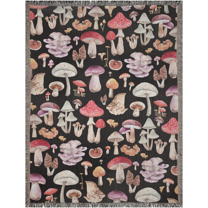 Mushroom Woven Blankets For Mushroom Lover or Mycologist. Fungus blanket with shiitake, amanita, chanterelle, enokitake. Mushroom bedding.