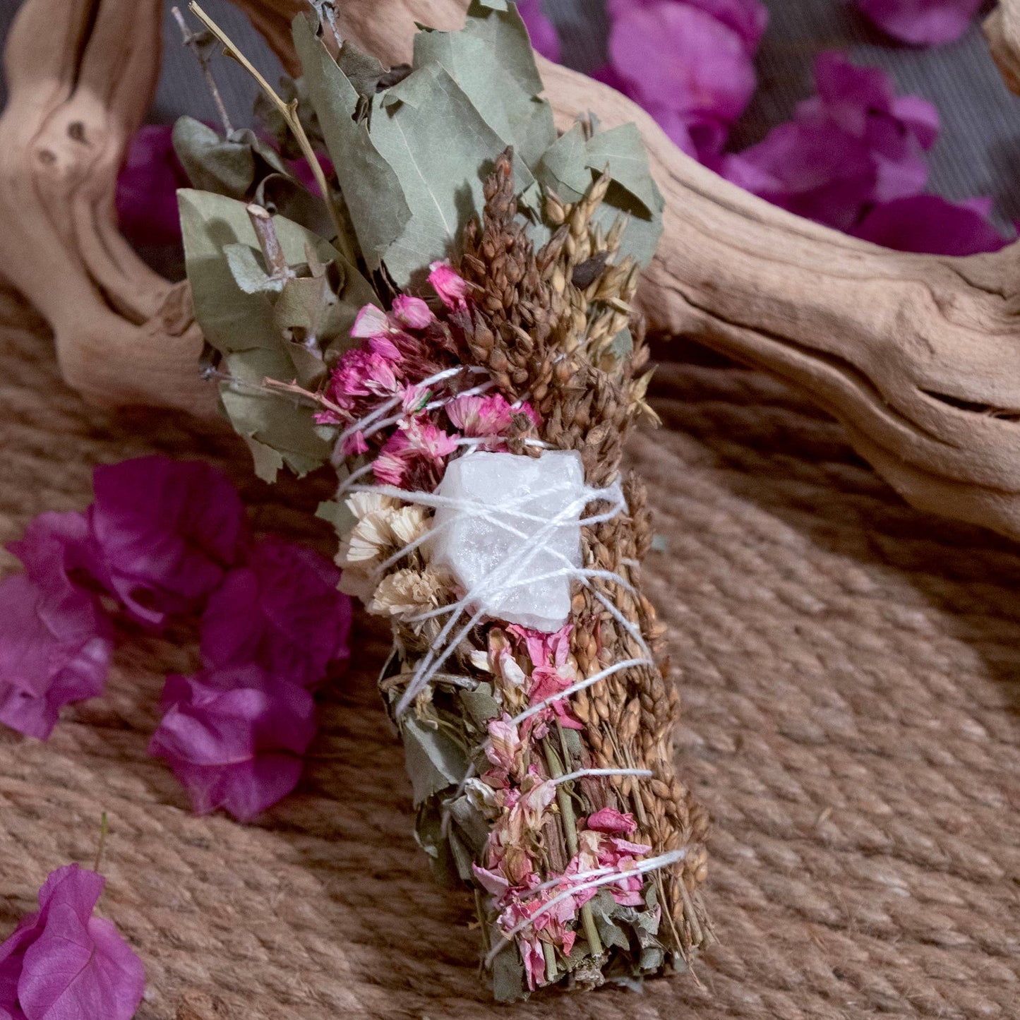Floral Smudge Wand with Quartz Crystal Pink