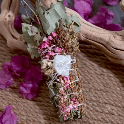 Floral Smudge Wand with Quartz Crystal Pink