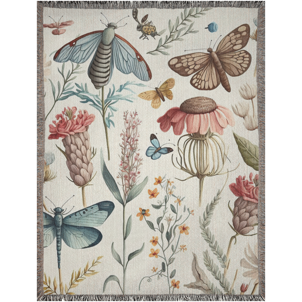 Wildflowers And Moth, Dragonfly And Butterflies Woven Blankets. Spring blanket. Woven throw blanket for gardener, big lover or plant lover.