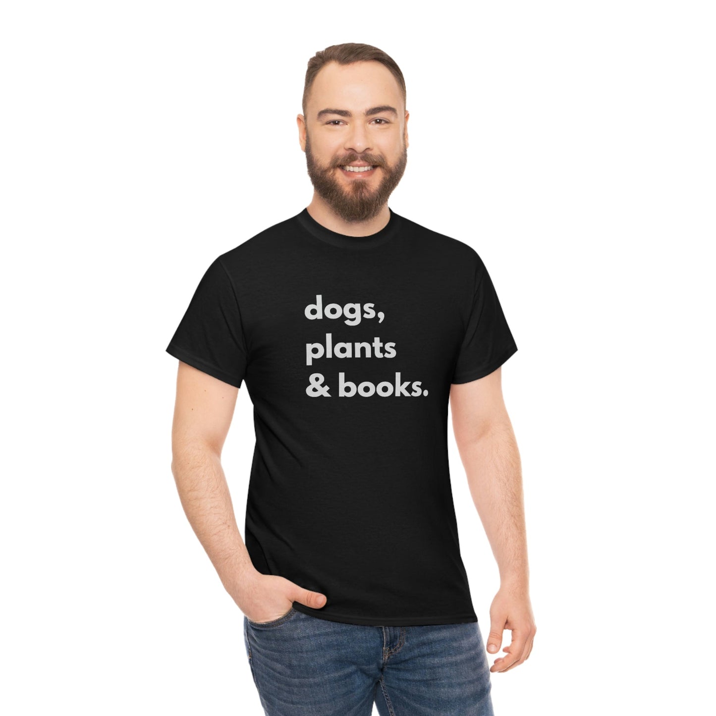 Dog plants and books shirt. Unisex Heavy Cotton tshirt for book lover, dog lover and plant lover