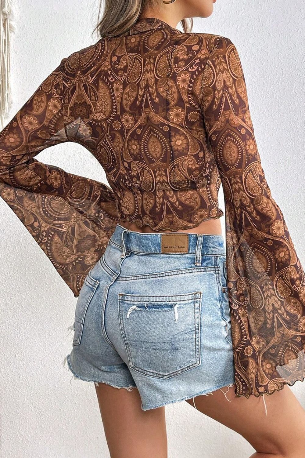 Printed Mock Neck Flare Sleeve Top –