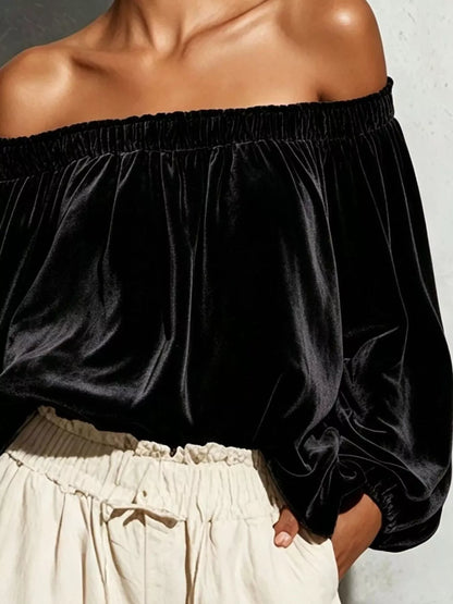 Off-Shoulder Velvet Long Sleeve Top