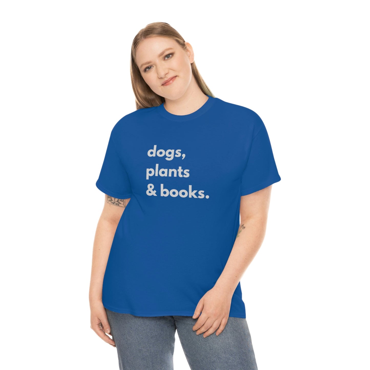 Dog plants and books shirt. Unisex Heavy Cotton tshirt for book lover, dog lover and plant lover