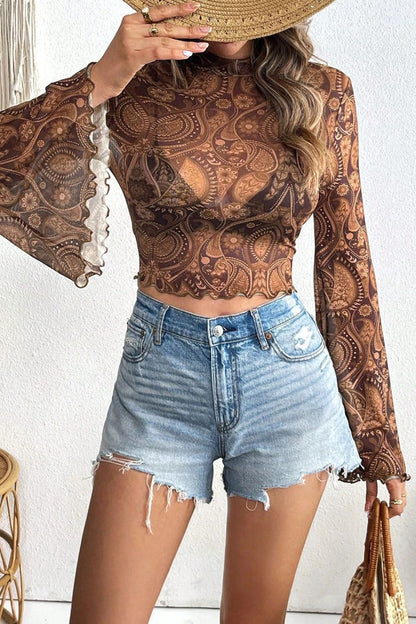 Printed Mock Neck Flare Sleeve Top –