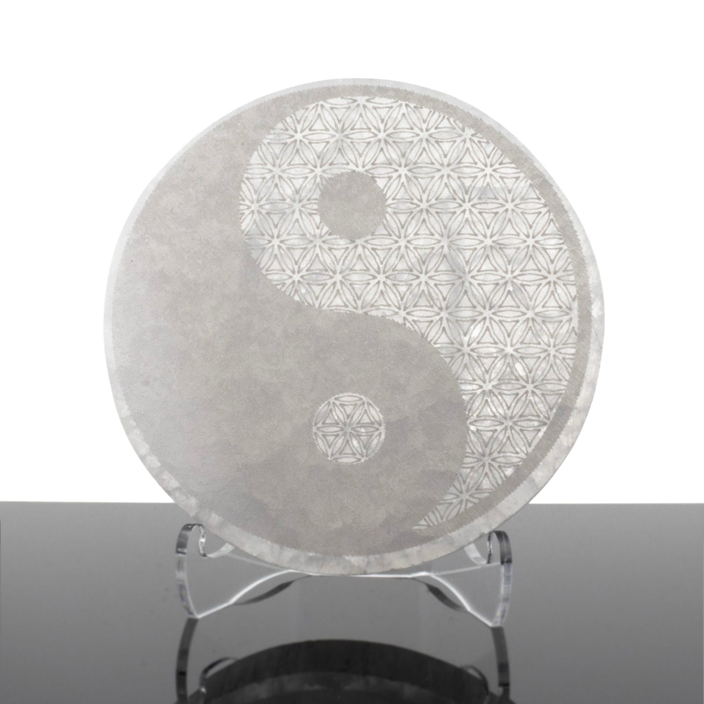 Selenite Disc - Engraved Yin Yang (Morocco) - Sacred Geometry - Sustainably Harvested –