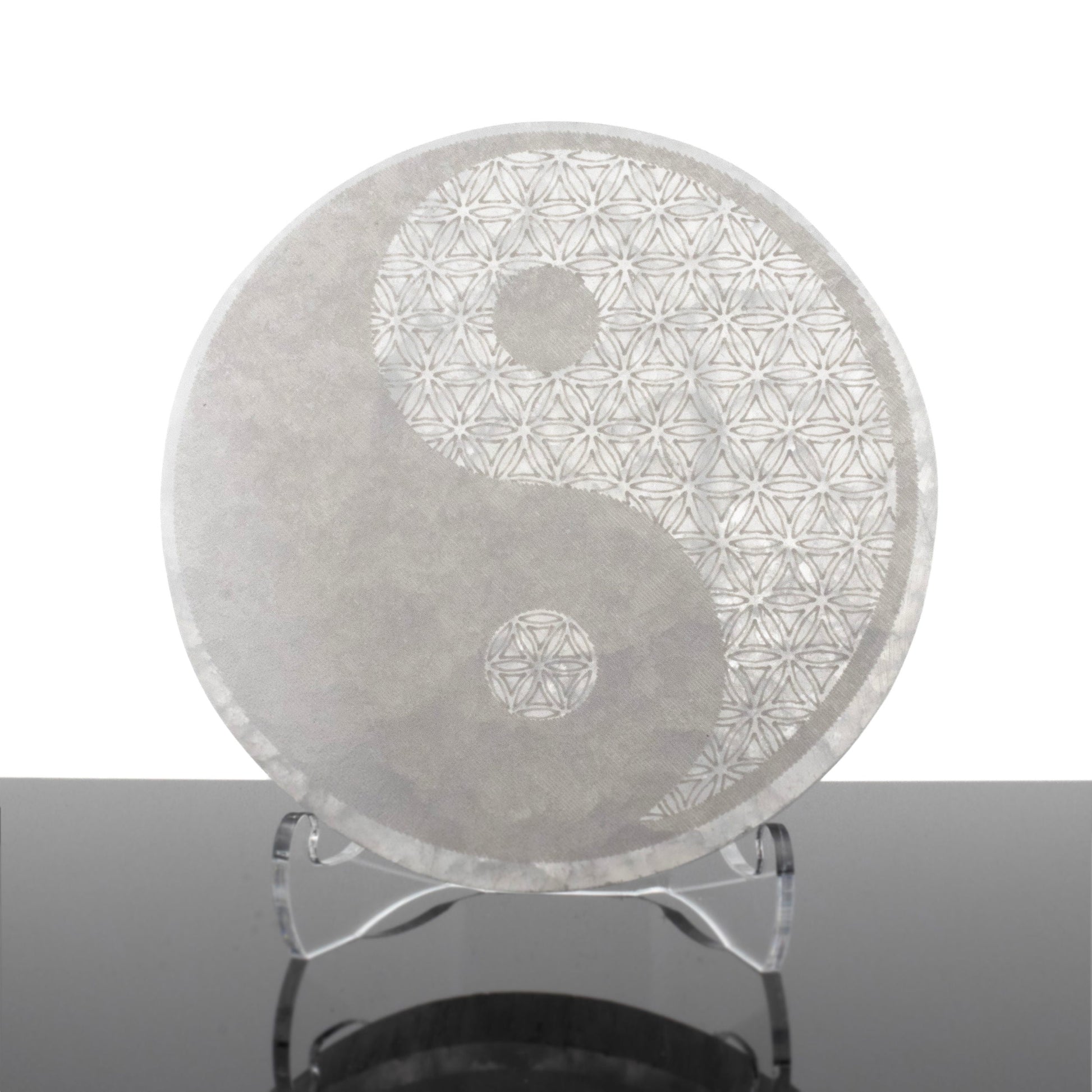 Selenite Disc - Engraved Yin Yang (Morocco) - Sacred Geometry - Sustainably Harvested –