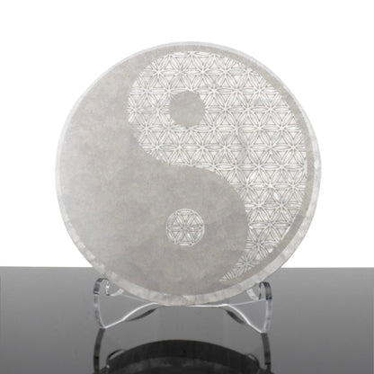 Selenite Disc - Engraved Yin Yang (Morocco) - Sacred Geometry - Sustainably Harvested –