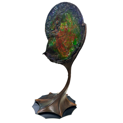 A+ Ammonlite Fossil in Custom Rotating Stand - Whole with Vibrant Colors in Theatrical Design Stand with Patina Finish –
