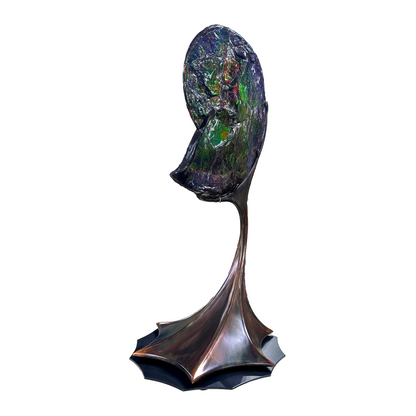 A+ Ammonlite Fossil in Custom Rotating Stand - Whole with Vibrant Colors in Theatrical Design Stand with Patina Finish –