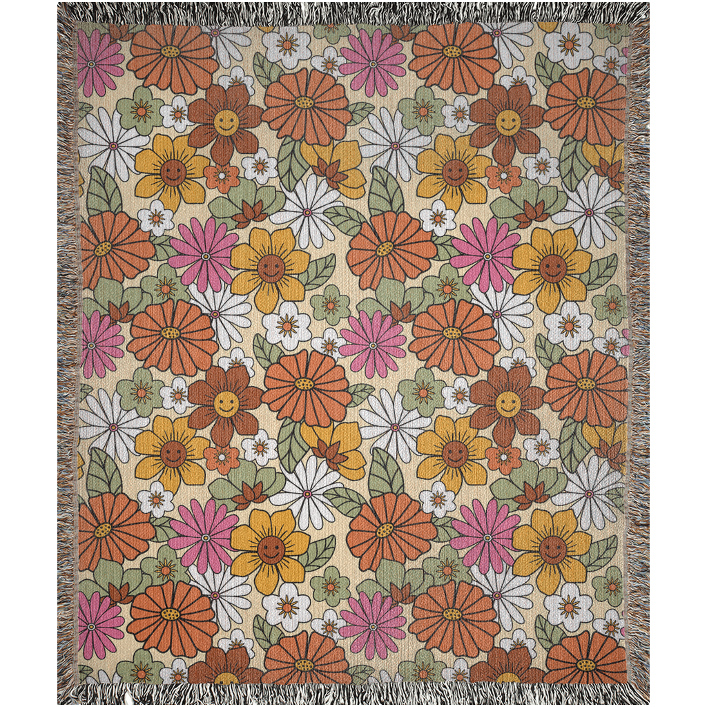 Happy flowers Woven Blankets with autumn colors. Groovy daisy Flowers Blanket for fall season .