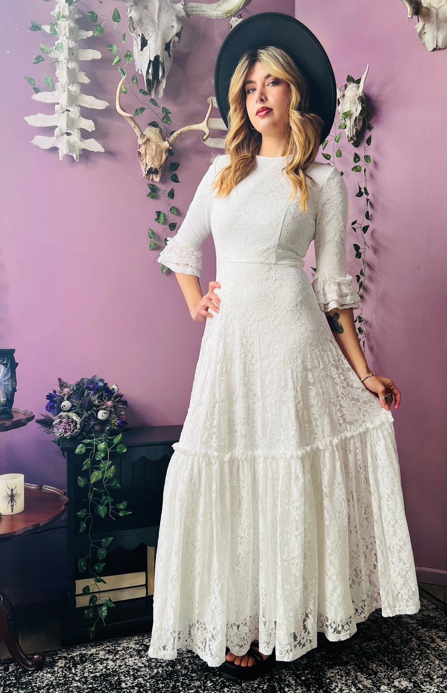 Ivory Floral Lace Maxi Dress