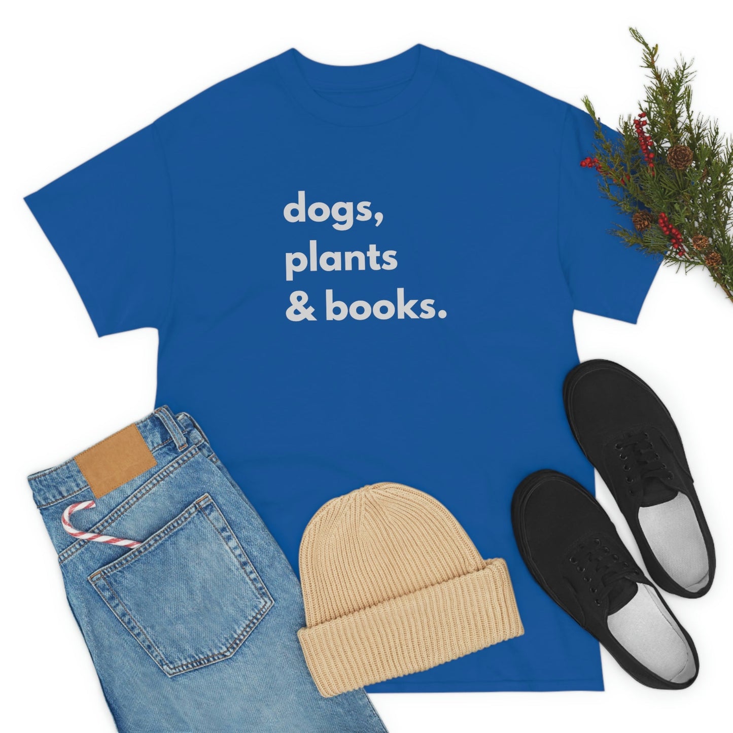 Dog plants and books shirt. Unisex Heavy Cotton tshirt for book lover, dog lover and plant lover