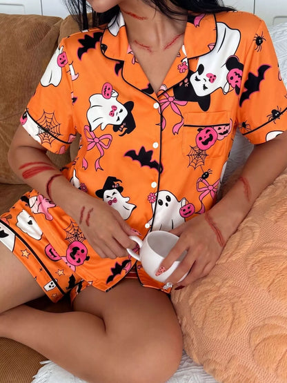 Halloween Ghost Print Lounge Set – Button-Down Top & Shorts