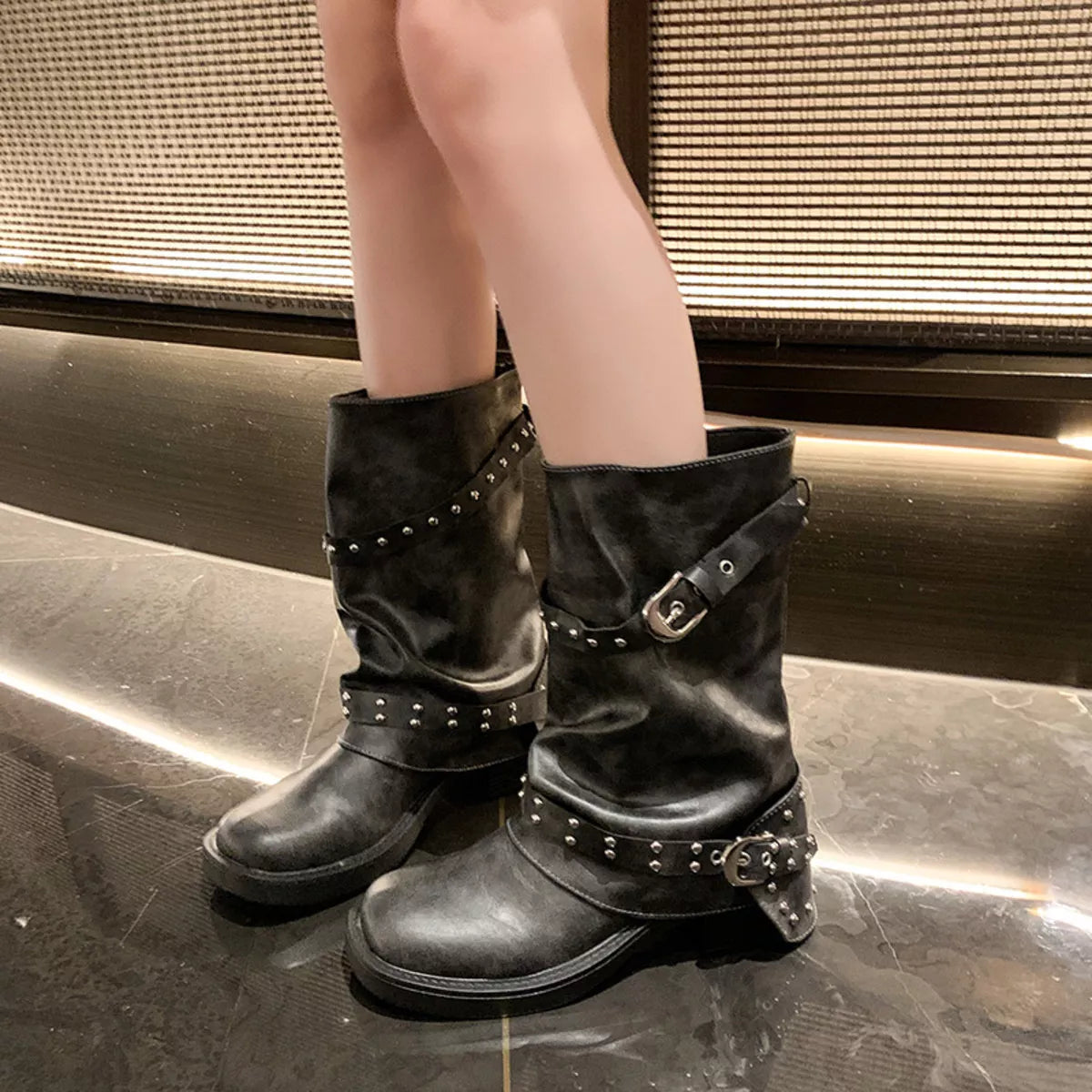 Round Toe Low Block Heel Boots