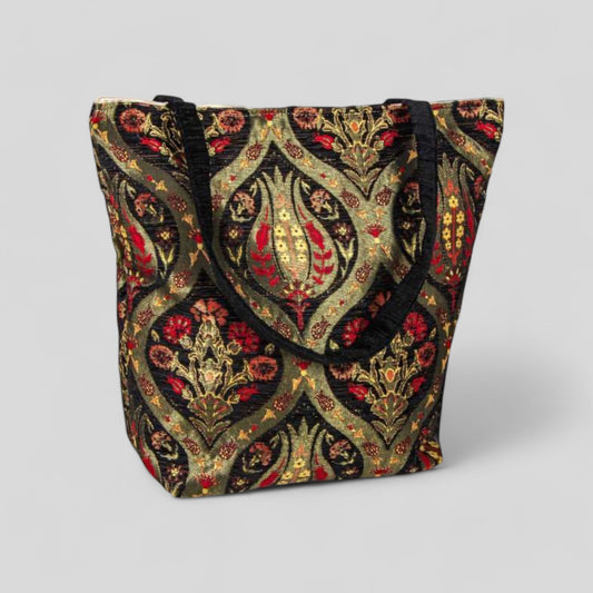 Authentic Kilim Fabric Ottoman Design Purse with Handles, Turkish Carpet, Beach Bag, Tote, Reusable Shopping Bag -- Black/Gold/Red –