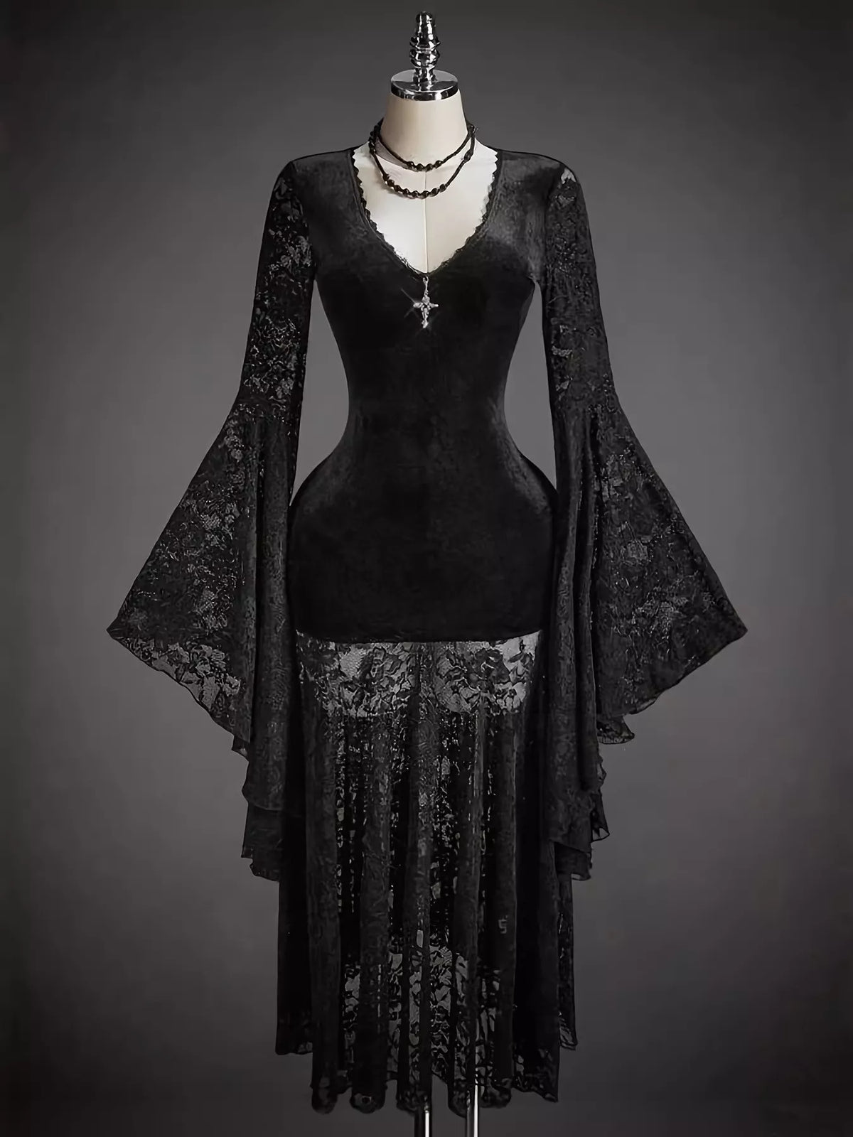 Black Lace V-Neck Dress with Flare Sleeves