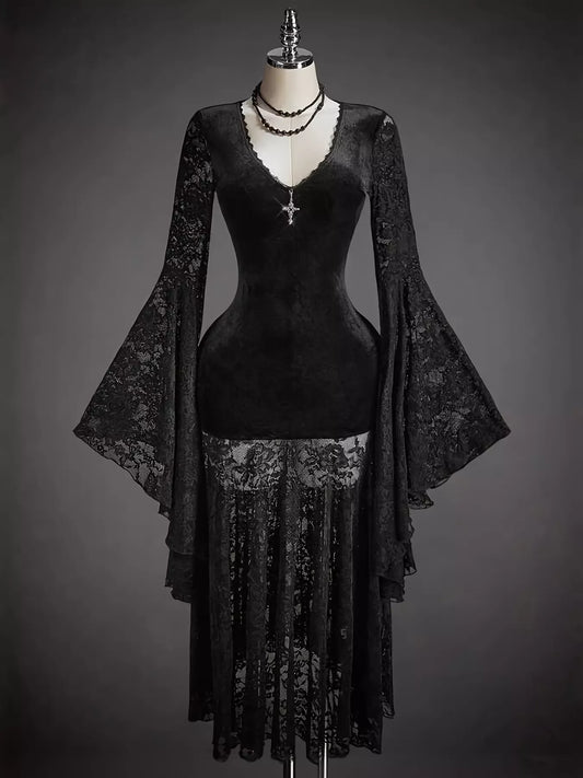 Black Lace V-Neck Dress with Flare Sleeves