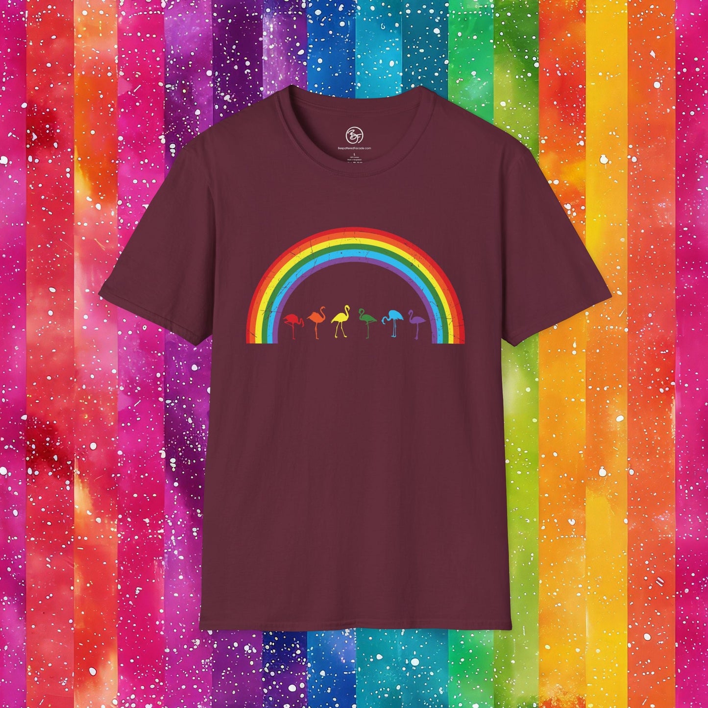 Bespattered Facade Rainbow Flamingos Unisex Softstyle T-Shirt
