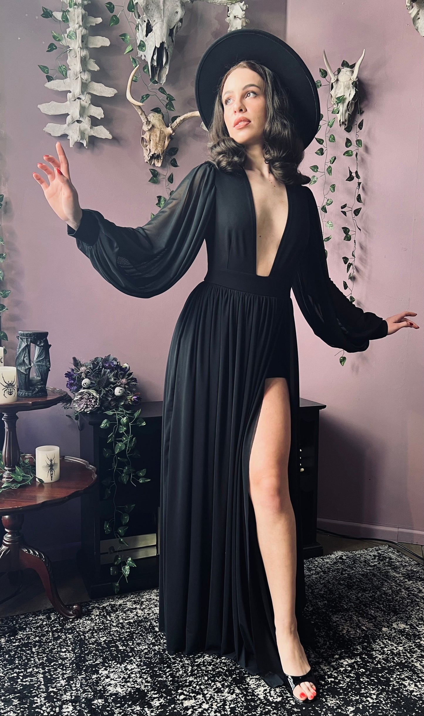 Minerva - Hauntingly Dramatic Mesh Maxi Dress with Built In Shorts  - READY TO SHIP
