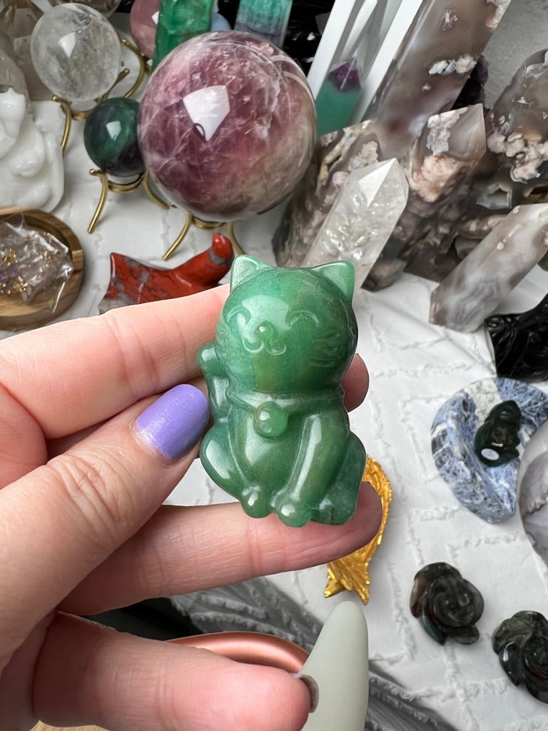 Crystal Lucky Cat Carving | Green Aventurine & Rose Quartz