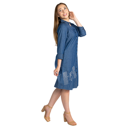 ISS Embroidery 3/4th Sleeves Button-Up Denim Dress