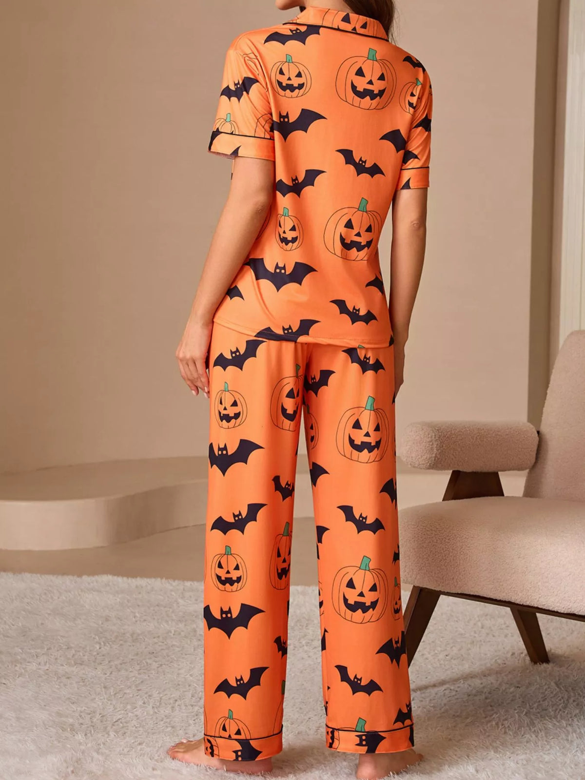 Halloween Pumpkin & Bat Print Button-Down Lounge Set