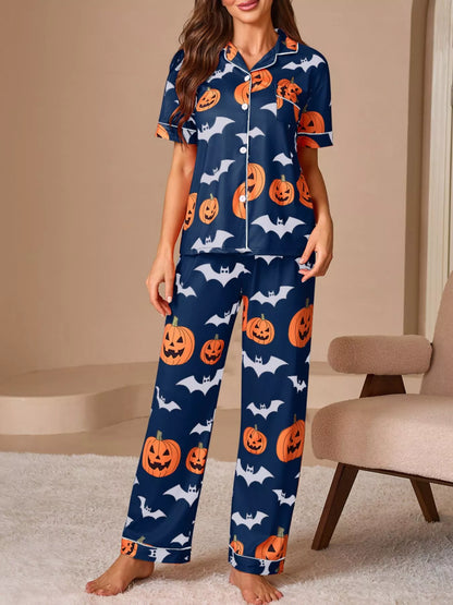 Halloween Pumpkin & Bat Print Button-Down Lounge Set