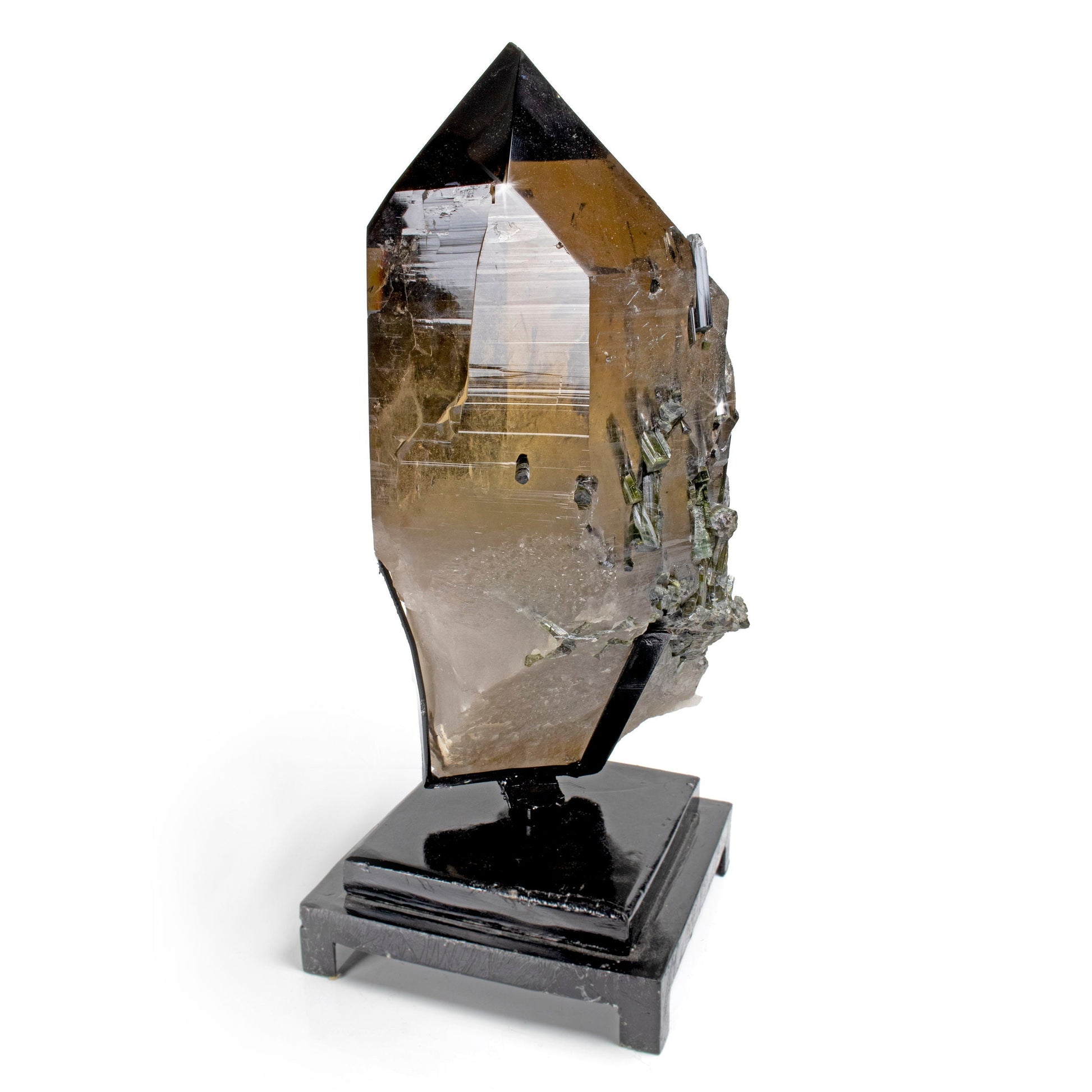 Smoky Quartz with Green Tourmaline Inclusions - Brazilian Crystal on Rotating Stand –