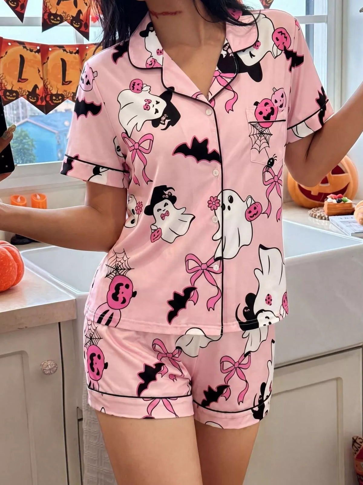 Halloween Ghost Print Lounge Set – Button-Down Top & Shorts