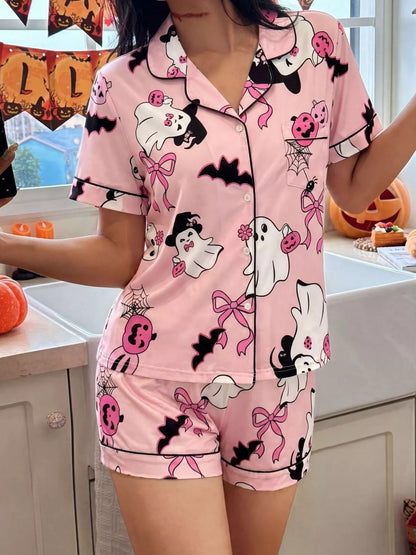 Halloween Ghost Print Lounge Set – Button-Down Top & Shorts