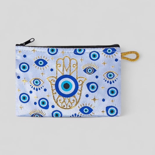 Cute Mini Evil Eye Hamsa Hand with Gold Accents Woven Zipper Coin Purse