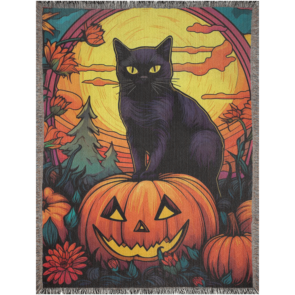 Black cat and jack o lanter Woven Blanket. Halloween throw blanket for Halloween lover or cat lady. Halloween home decor