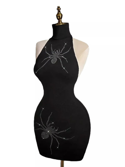 Black Rhinestone Spider Halter Bodycon Dress
