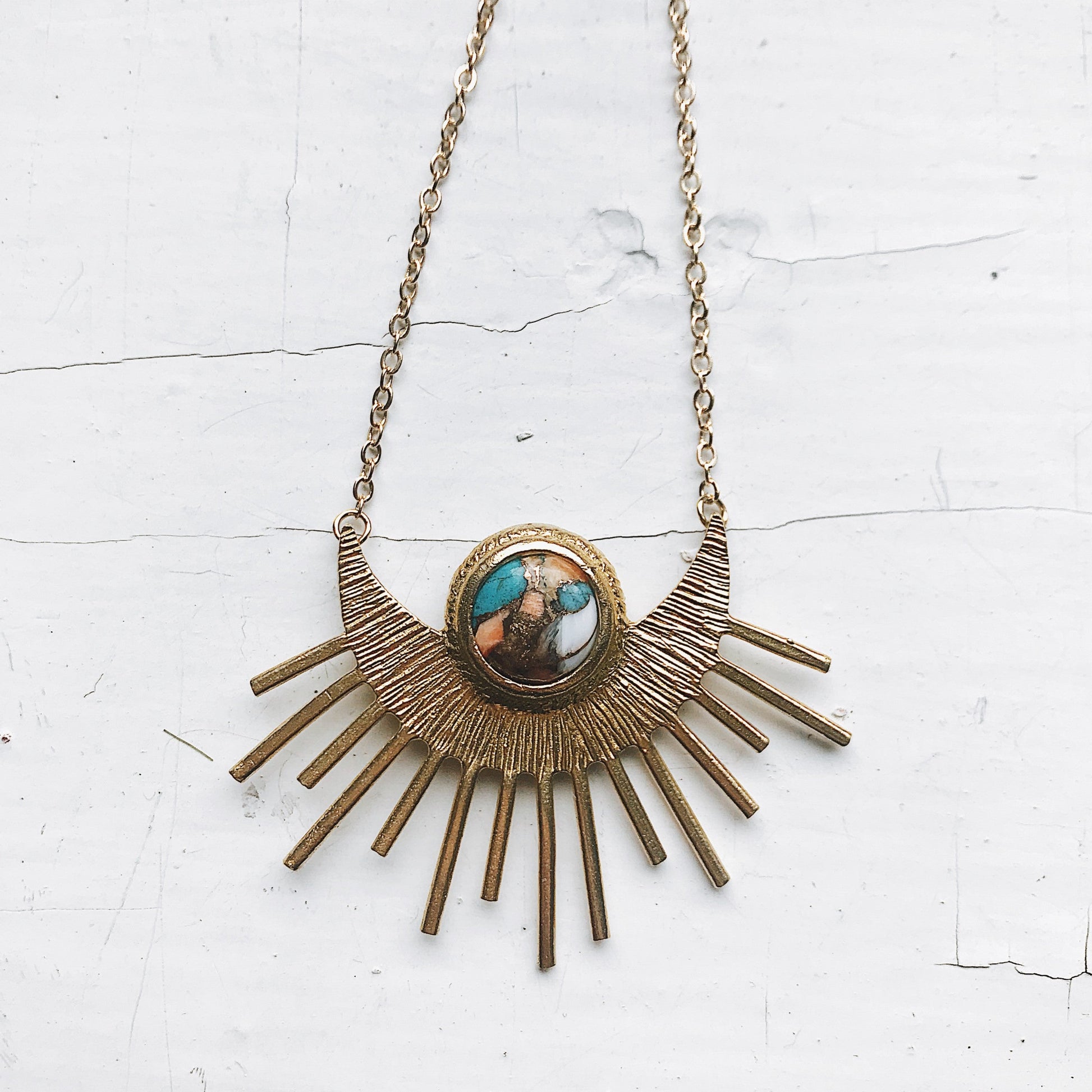 Turquoise Sun Necklace - Boho Sun Goddess Pendant – Gold Tone Necklace