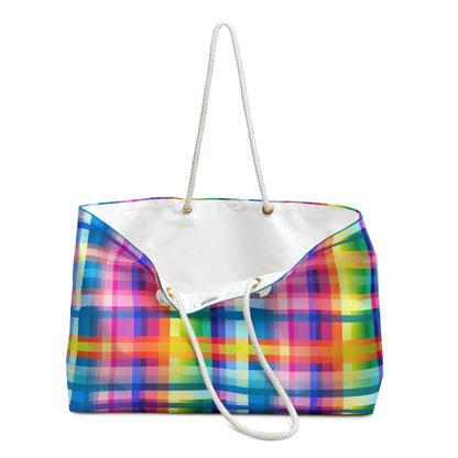 Bespattered Facade Rainbow Plaid Weekend Beach Tote Bag with Cotton Rope Handles